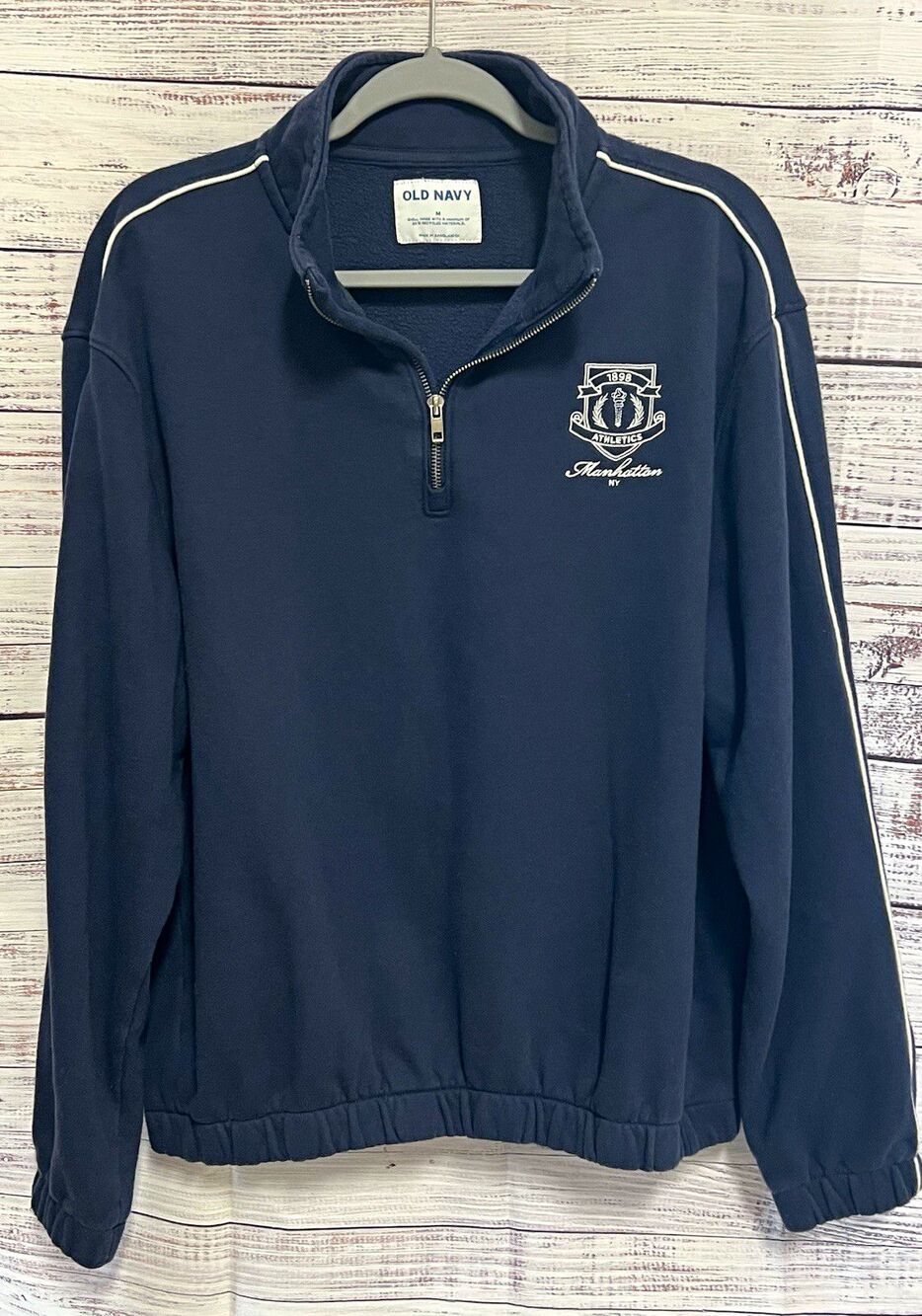 Old Navy Manhattan NY Athletics Quarter Zip Sweatshirt Navy Fleece Retro M